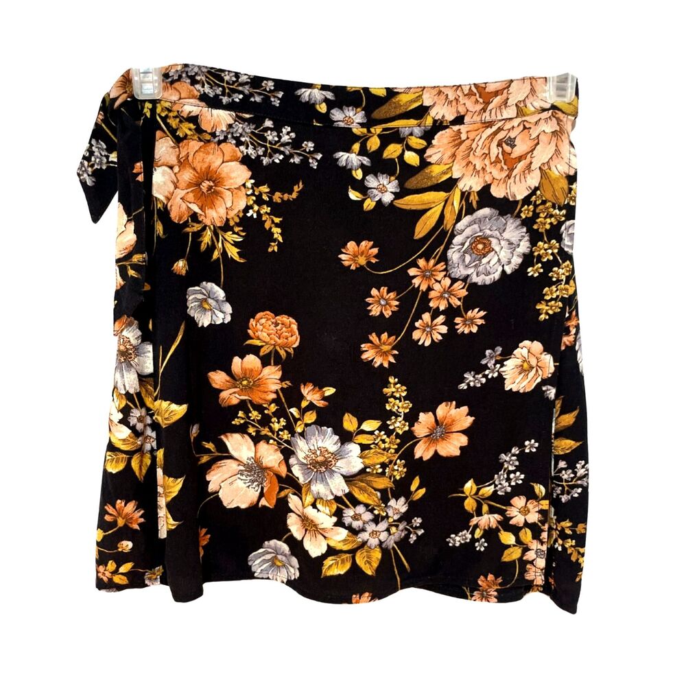 American Eagle Bloomcore Floral Wrap Black Mini Skirt